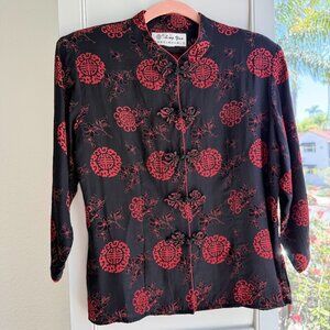 Vintage Chinese Black & Red Brocade Frog Closure Mandarin Jacket